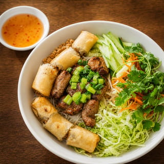 Grilled Pork with Fried Spring Rolls Vermicelli Bowl